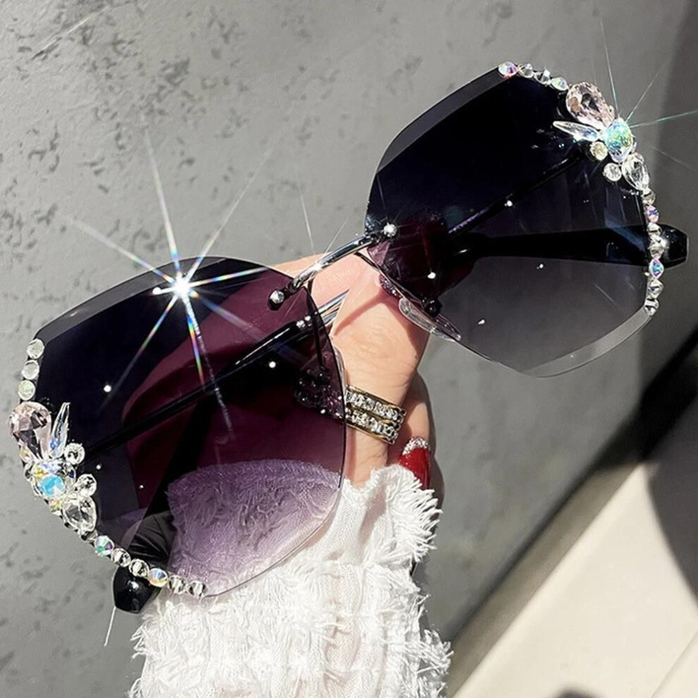 Black (Black) Luxury Vintage Rimless Rhinestone Sunglasses Women Men Fashion Gradient Lens Sun Glasses Shades For Female