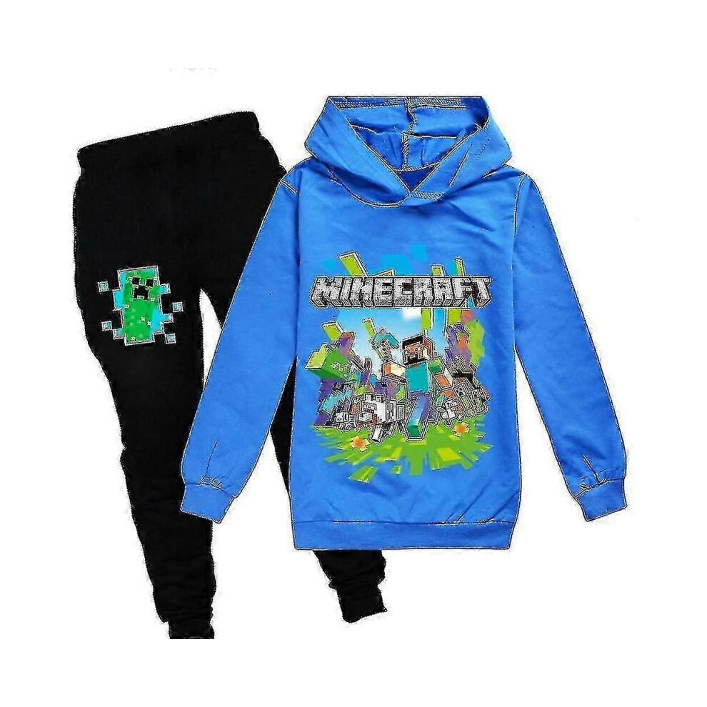 (13-14 Years,Blue)Kid Minecraft Game Hooded Tracksuit Unisex Sport Hoodie Pant Outfit Set