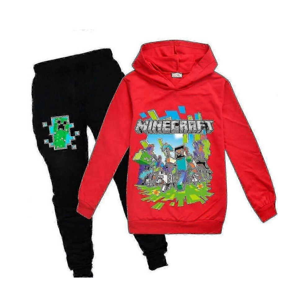 (15-16 Years,Red)Kid Minecraft Game Hooded Tracksuit Unisex Sport Hoodie Pant Outfit Set
