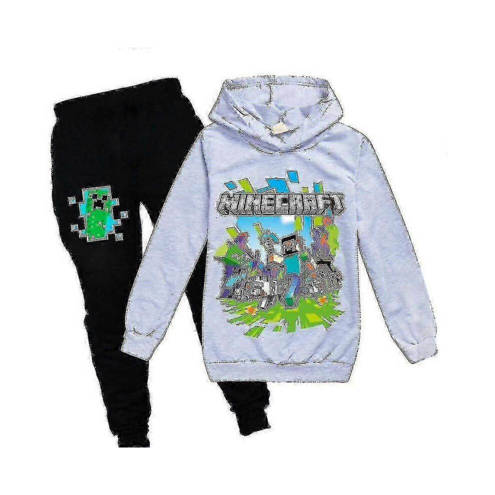 (7-8 Years,Grey)Kid Minecraft Game Hooded Tracksuit Unisex Sport Hoodie Pant Outfit Set