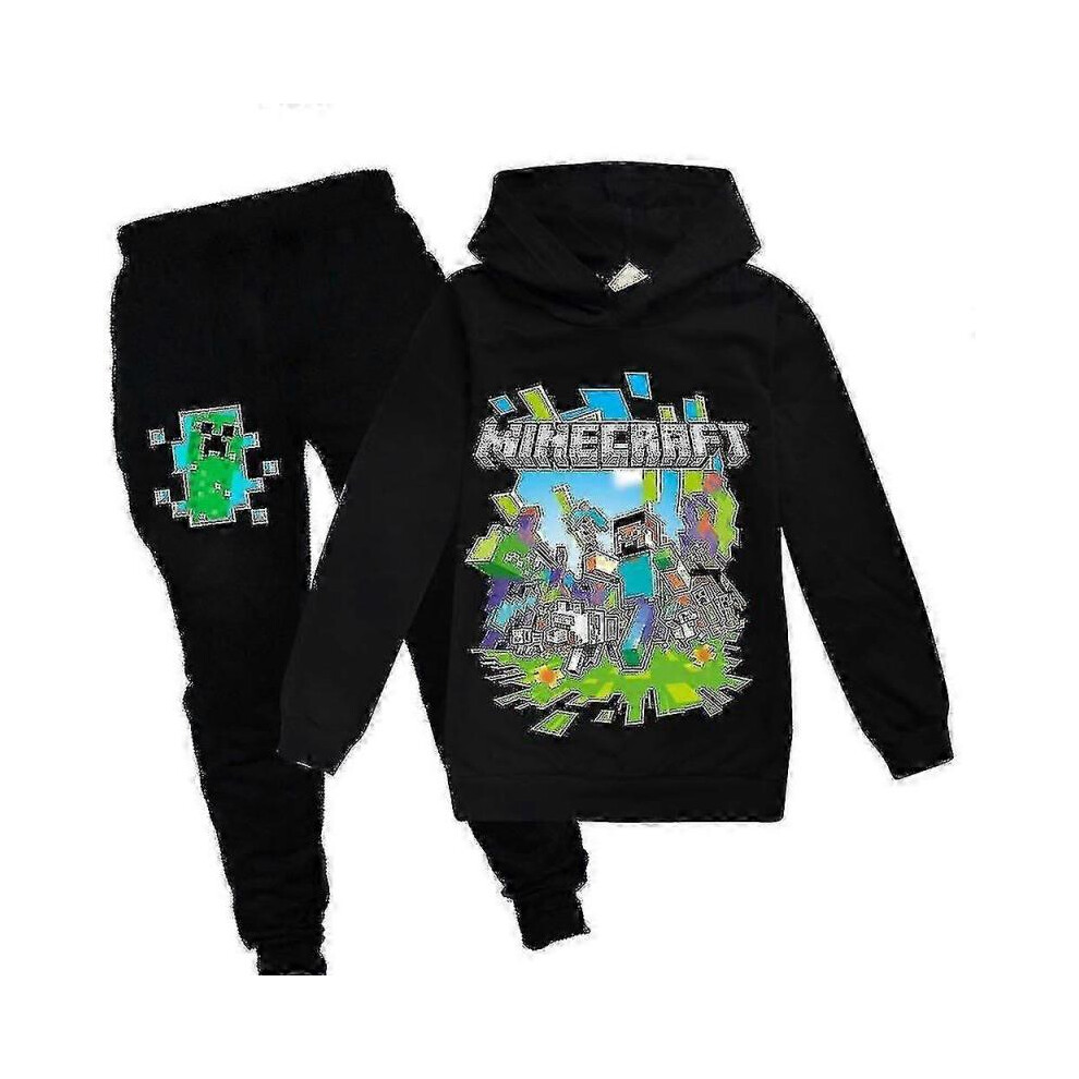 (11-12 Years,Black)Kid Minecraft Game Hooded Tracksuit Unisex Sport Hoodie Pant Outfit Set