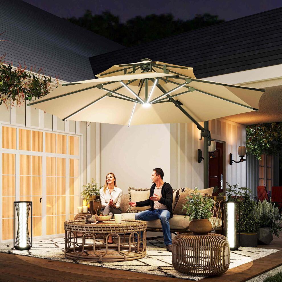 Outsunny 3m Cantilever Parasol Solar Lights Power Bank Base Beige