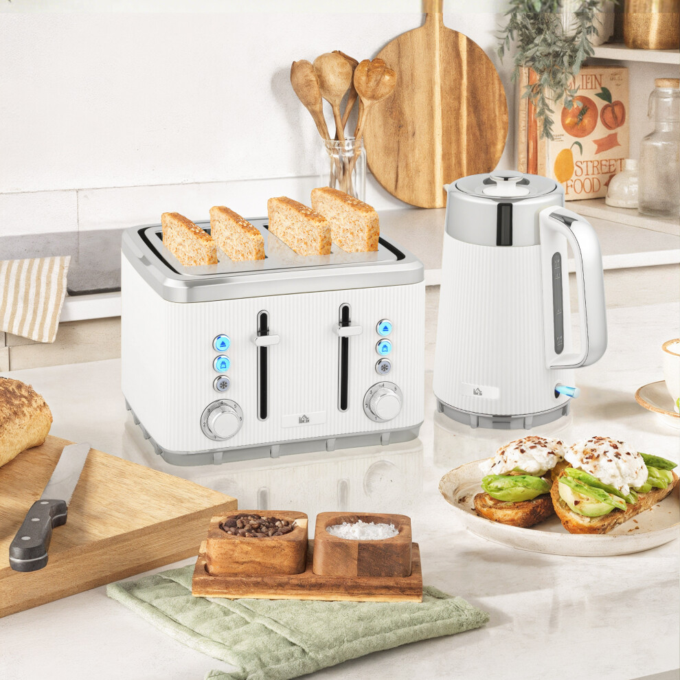 Homcom (White) 1.7L 3000W Rapid Boil Kettle And 4 Slice Toaster Set Crumb Tray White