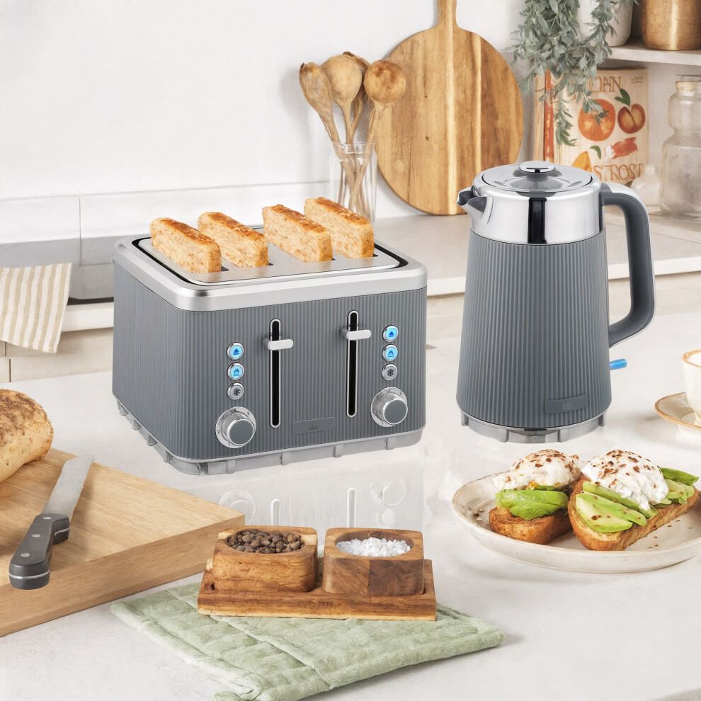 Homcom (Grey) 1.7L 3000W Rapid Boil Kettle And 4 Slice Toaster Set Crumb Tray Grey