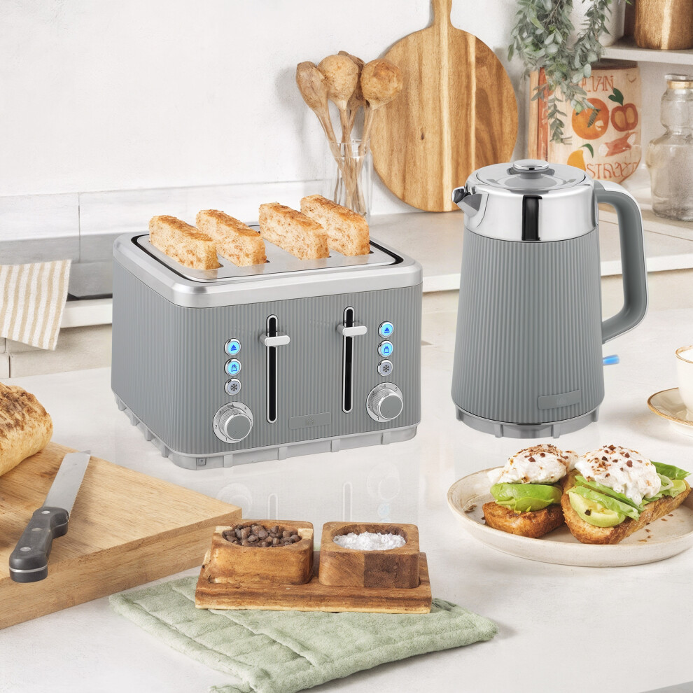 Homcom (Grey) 1.7L 3000W Rapid Boil Kettle And 4 Slice Toaster Set Crumb Tray Grey