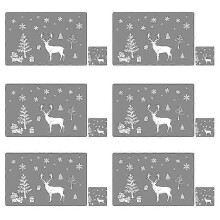 (gray) 12pcs Christmas Pvc Placemats Coasters Cutlery Set, Washable Heat Resistant Reindeer Xmas Heat Resistant Placemats