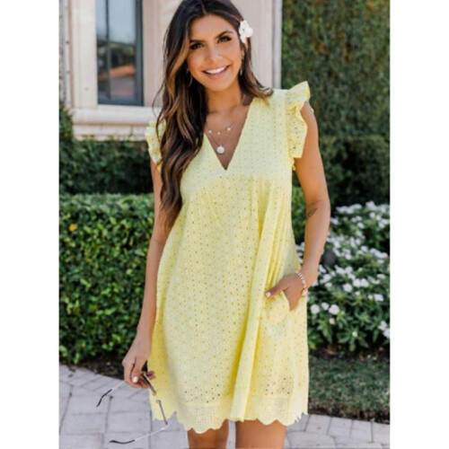(XL,yellow)Summer V-neck Short Skirt Solid Color Dress Romper For 2023 1