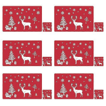 (Red) 12pcs Christmas Pvc Placemats Coasters Cutlery Set, Washable Heat Resistant Reindeer Xmas Heat Resistant Placemats