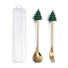 (2PCS-Gold-E3) 6/4/2pcs Christmas Gift Glod Spoon Fork Set Elk Christmas Tree Decoration Dessert Scoop Fruit Fork Coffee Spoon Cutlery Set