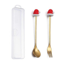 (2PCS-Gold-E4) 6/4/2pcs Christmas Gift Glod Spoon Fork Set Elk Christmas Tree Decoration Dessert Scoop Fruit Fork Coffee Spoon Cutlery Set