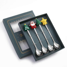 (4PCS-Silver-B1) 6/4/2pcs Christmas Gift Glod Spoon Fork Set Elk Christmas Tree Decoration Dessert Scoop Fruit Fork Coffee Spoon Cutlery Set