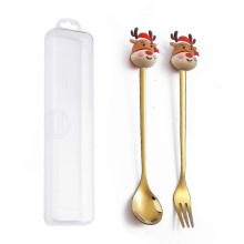 (2PCS-Gold-E5) 6/4/2pcs Christmas Gift Glod Spoon Fork Set Elk Christmas Tree Decoration Dessert Scoop Fruit Fork Coffee Spoon Cutlery Set