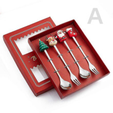 (4PCS-Silver-A3) 6/4/2pcs Christmas Gift Glod Spoon Fork Set Elk Christmas Tree Decoration Dessert Scoop Fruit Fork Coffee Spoon Cutlery Set