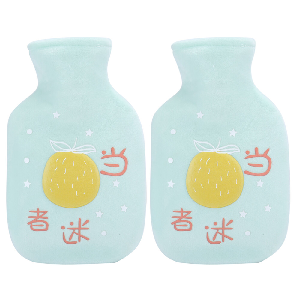 Green 2Pcs Cartoon Rubber Flannelette Hot Water Bottle