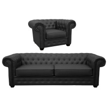 Venus Chesterfield Style Sofa 3 Seater + Armchair Black Faux Leather