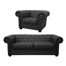 Venus Chesterfield Style Sofa 2 Seater + Armchair Black Faux Leather