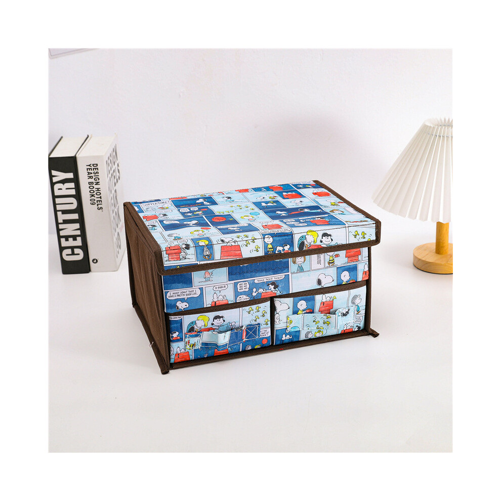 (Blue Checkered Snoo) Cute Snoopy Totoro Printed Drawer Style Foldable Double Layer Storage Flip Box-image-OPC-PJB2BJC-NEW