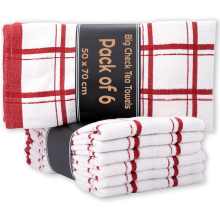 6 X Large Jumbo Big Check 100% Cotton Terry Tea Towels Soft Kitchen Cleaning Dish Cloth (Red)