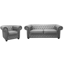 Venus Chesterfield Style Sofa 2 Seater + Armchair Grey Faux Leather