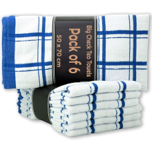 6 X Large Jumbo Big Check 100% Cotton Terry Tea Towels Soft Kitchen Cleaning Dish Cloth (Blue)