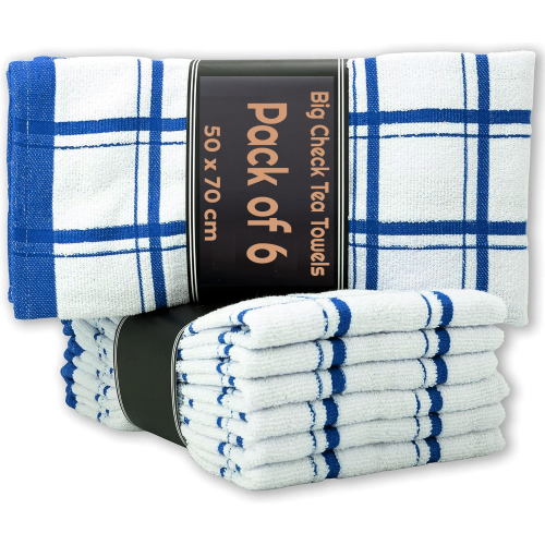6 X Large Jumbo Big Check 100% Cotton Terry Tea Towels Soft Kitchen Cleaning Dish Cloth (Blue)