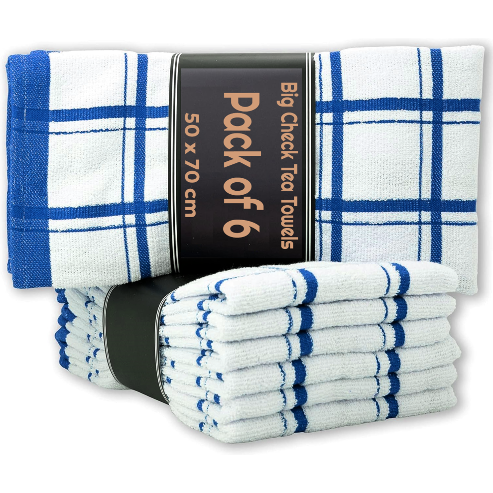 Towelbay 6 X Large Jumbo Big Check 100% Cotton Terry Tea Towels Soft Kitchen Cleaning Dish Cloth (Blue) Blue