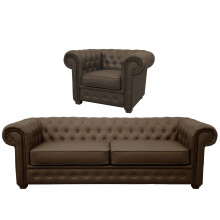 Venus Chesterfield Style Sofa 3 Seater + Armchair Brown Faux Leather