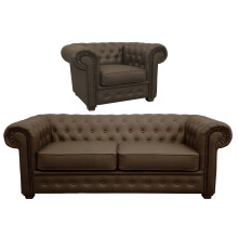Venus Chesterfield Style Sofa 2 Seater + Armchair Brown Faux Leather