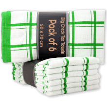 6 X Large Jumbo Big Check 100% Cotton Terry Tea Towels Soft Kitchen Cleaning Dish Cloth (Green)