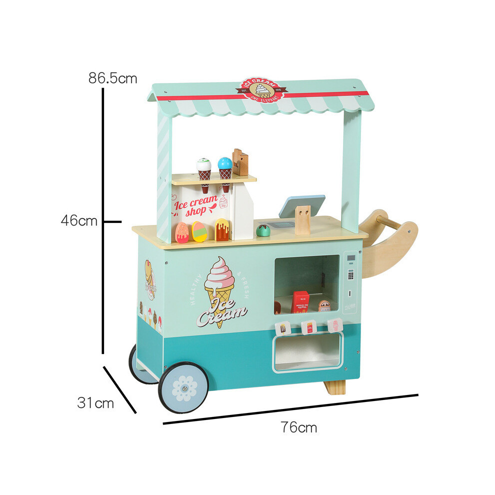 (Blue Cart) Ice Wooden Cream Cart Toy Playset With Cash Register For Creative Play Kids