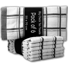 6 X Large Jumbo Big Check 100% Cotton Terry Tea Towels Soft Kitchen Cleaning Dish Cloth (Black)