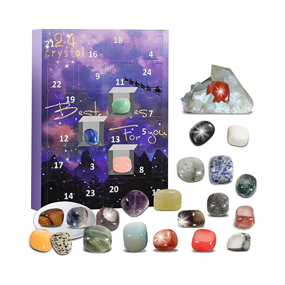 (Purple) Advent Christmas Calendar Natural Crystal Gemstones Collection Box Days 24 Count Purple