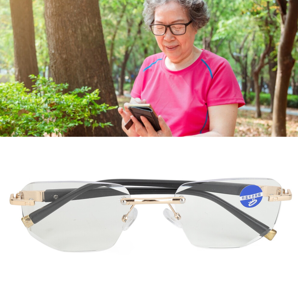 Presbyopic Blue Light Blocking Frameless Glasses for Elderly +200 Gold Temples