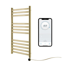 (500mm W x 800mm H) Electric Boston Heated Towel Rail Brushed Brass Smart WiFi Controlled Stainless Steel Flat 7 Day Programmable Timer App Compatibility