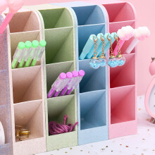 Office Pink Plastic Pen Holder with 4 Grids Inclined Desk Stationery Storage