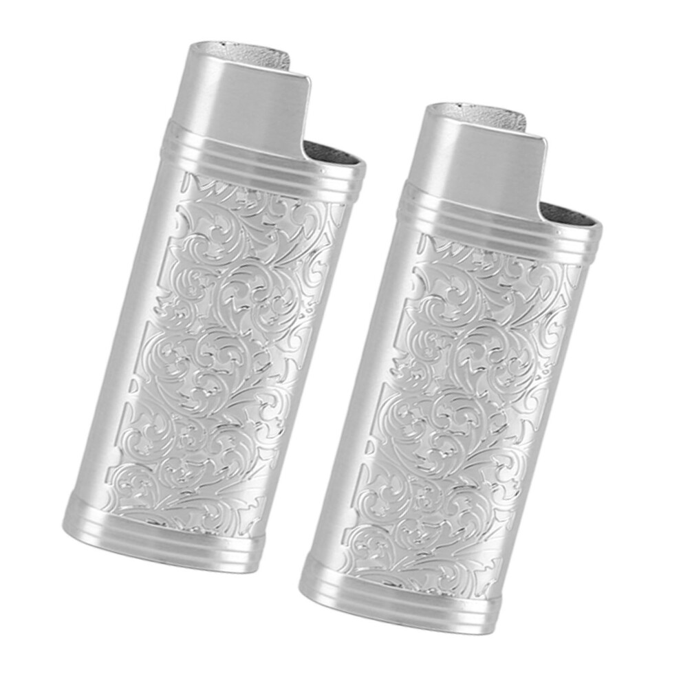 Silver 2Pcs Zinc Alloy Reusable Lighter Cover Retro Pattern Portable