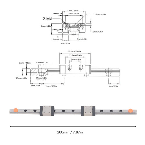 MGN7C SS Linear Guide Rail 200mm/7.87in, 2 Sliders 1