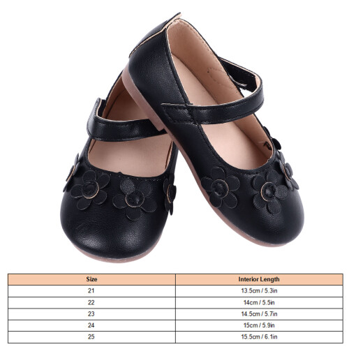 Mädchen PU-Leder Blumen-Flachschuhe Schwarz 21-25 1