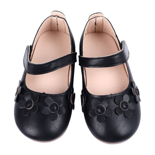Mädchen PU-Leder Blumen-Flachschuhe Schwarz 21-25 2