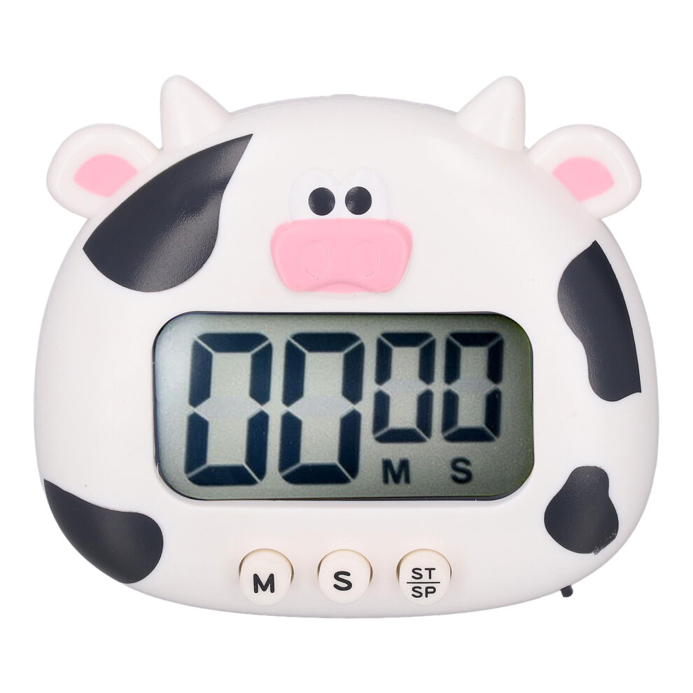 Digital Kitchen Timer Countup Countdown Cartoon Animal Sound Flash Alert Easy Operation with Stand for Cooking Teaching White Cow