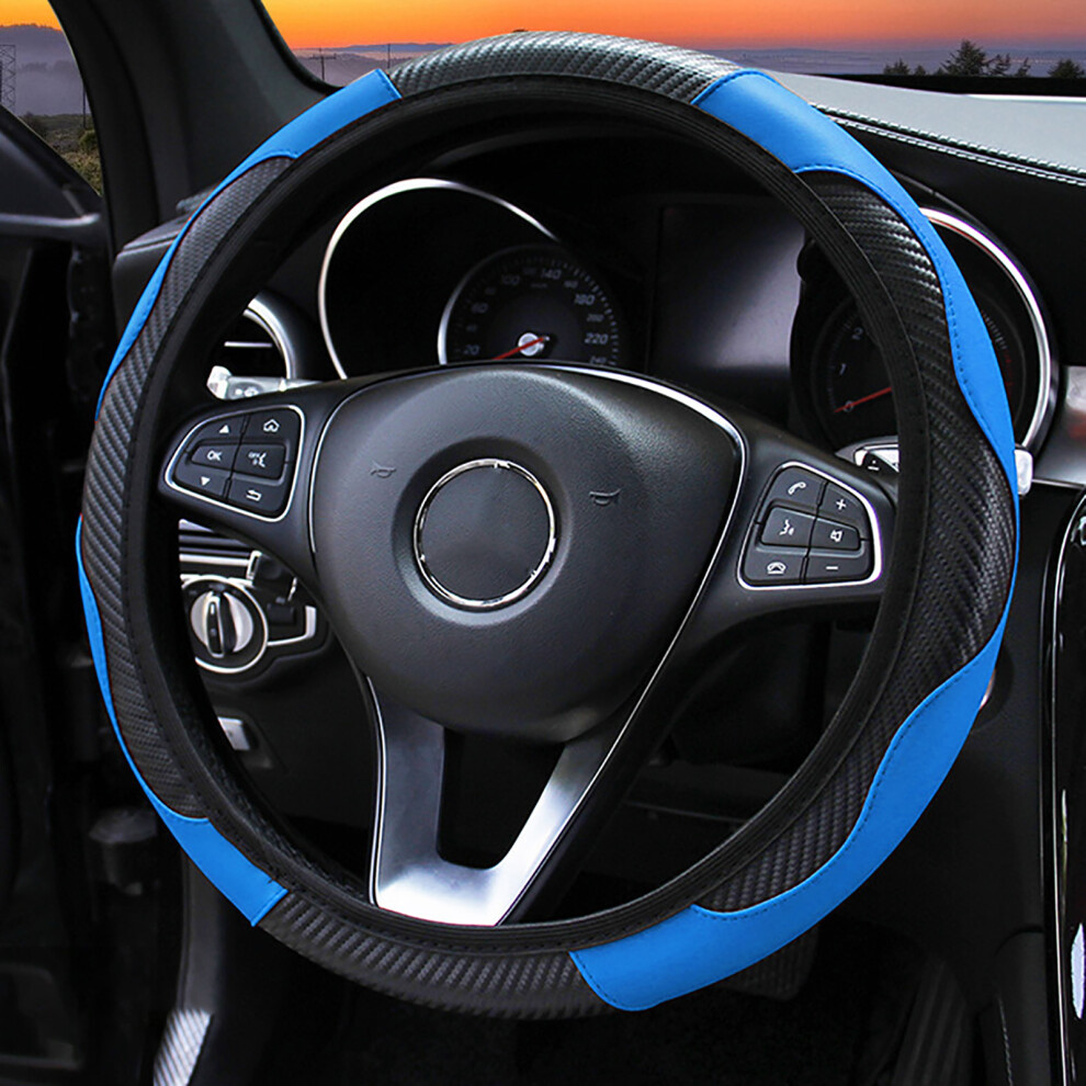 38Cm Steering Wheel Cover Carbon Fiber Style Black/Blue 9121376139833