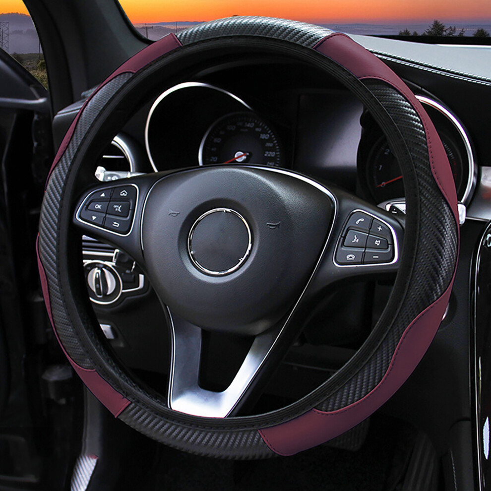 38Cm Steering Wheel Cover Carbon Fiber Style Black/Red 9121376139888