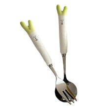Cute Green Onion Cartoon Fork Spoon Set, Stainless Steel & Ceramic, 130g