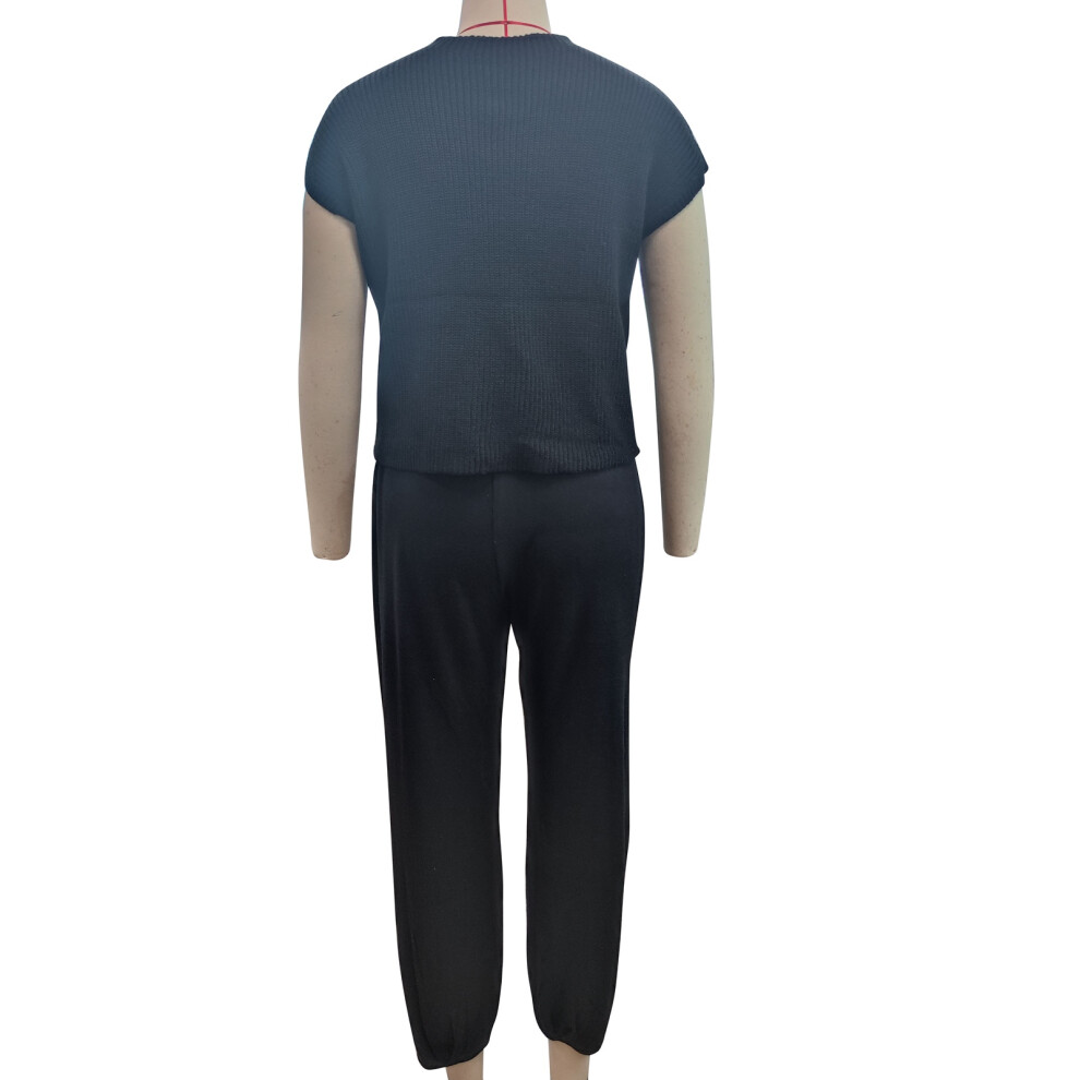 Women's Black Knit Sweater & Pants Set M | Short Sleeve, High Waist-image-OPC-PJB7NW7-NEW