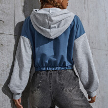 Women's Color Block Long Sleeve Hoodie Short Sweatshirt Blue/Gray S