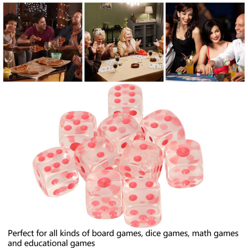 20pcs Transparent Pink-Spotted 6-Sided Plastic Dice for Board & Math Games 2