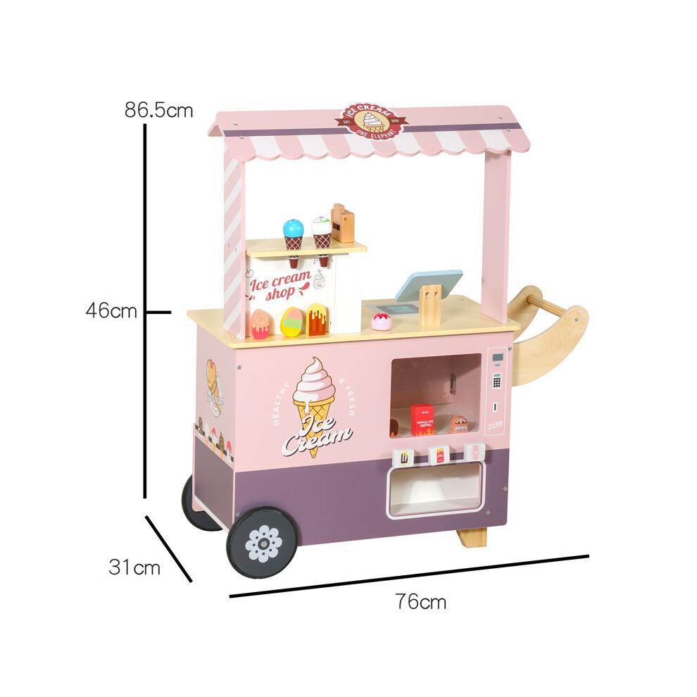 (Pink Cart) Wooden Ice Cream Cart Toy Playset With Cash Register For Creative Kids Play