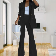 Women 2-Piece Plain Color Wide Leg Suit Black M Size