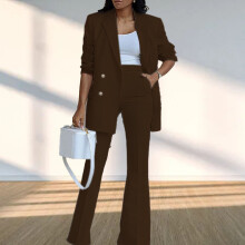 Women 2 Pieces Suit Wide Leg Trousers Turn Down Collar Brown XXL