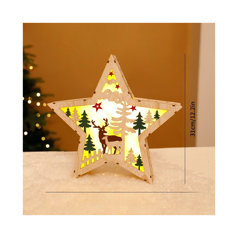 (Large Star Deer) Christmas Tree Wooden Light Up Ornament Snowman Design Supplies Holiday Decor